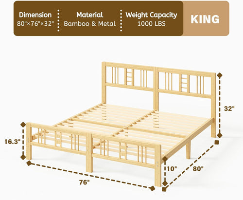 10 Inch High Bamboo King Bed Frame with Headboard and Footboard, Wood Bed Frame King Metal Slat Support Heavy Duty, No Box Spring Needed, Easy Assembly, Noise Free, Reinforced