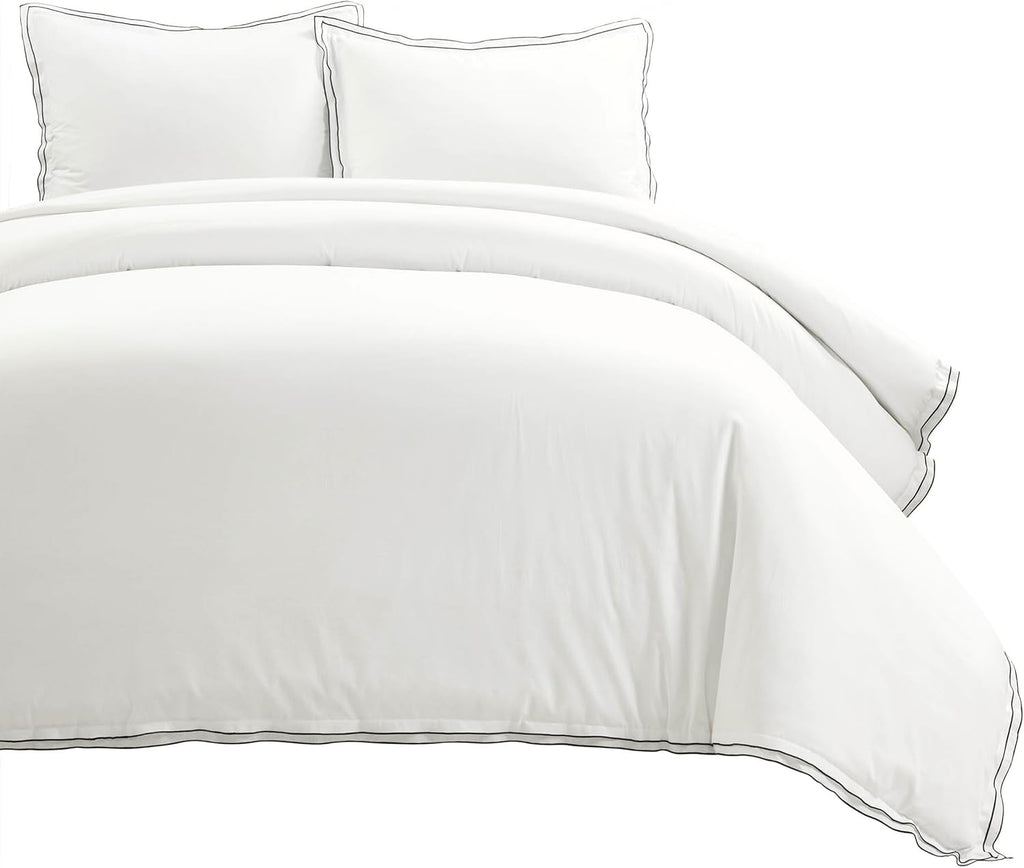 Lush Decor Hampton Double Flange Embroidered Contrast Edge Cotton Duvet Cover Set, 3 Piece Set, Full/Queen, White & Black - Hotel Bedding Set - Black Trim - White Duvet Cover - Minimalist Decor