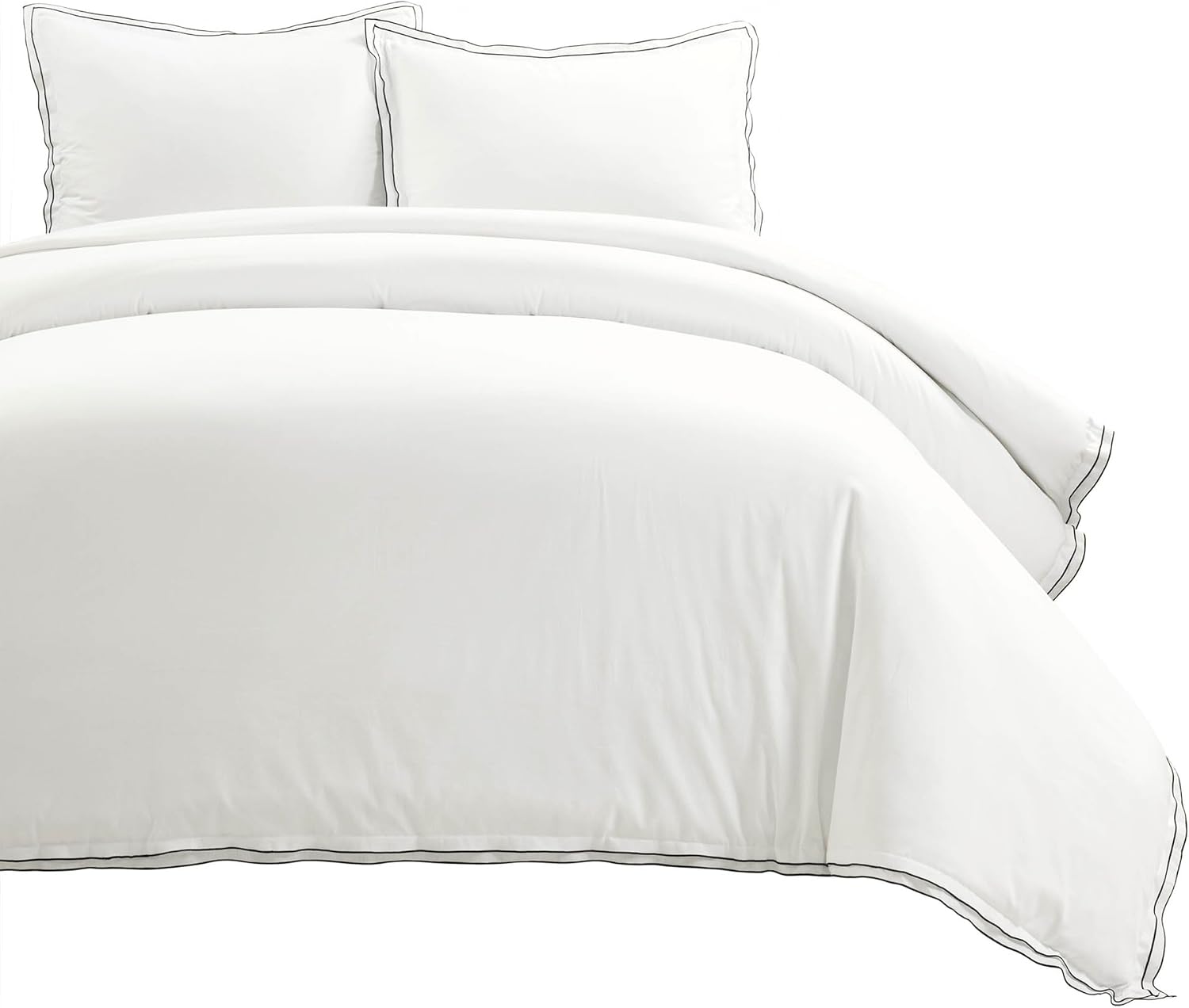 Lush Decor Hampton Double Flange Embroidered Contrast Edge Cotton Duvet Cover Set, 3 Piece Set, Full/Queen, White & Black - Hotel Bedding Set - Black Trim - White Duvet Cover - Minimalist Decor