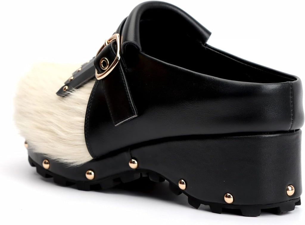 XOBZJH Women's Cowhide Platform Clogs – Calf Hair & Leather Patchwork Mules with Rivets, Arch Support, Memory Foam Insole, Chunky Western Mules for All-Day Comfort