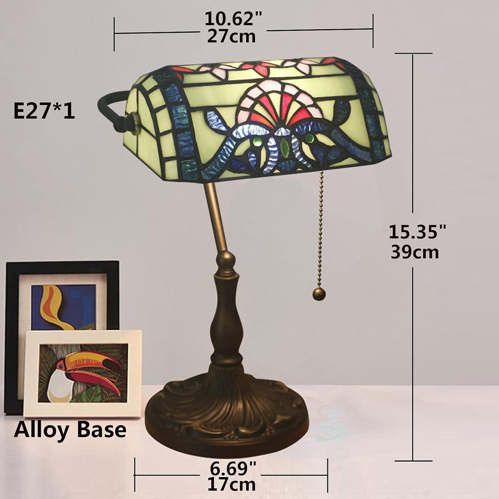 Tiffany Style Bankers Table Lamp Stained Glass Piano Desk Lamp Vintage Bedroom Bedside Lamp for Study,Antique Alloy Base,Zipper Switch,Green Baroque b