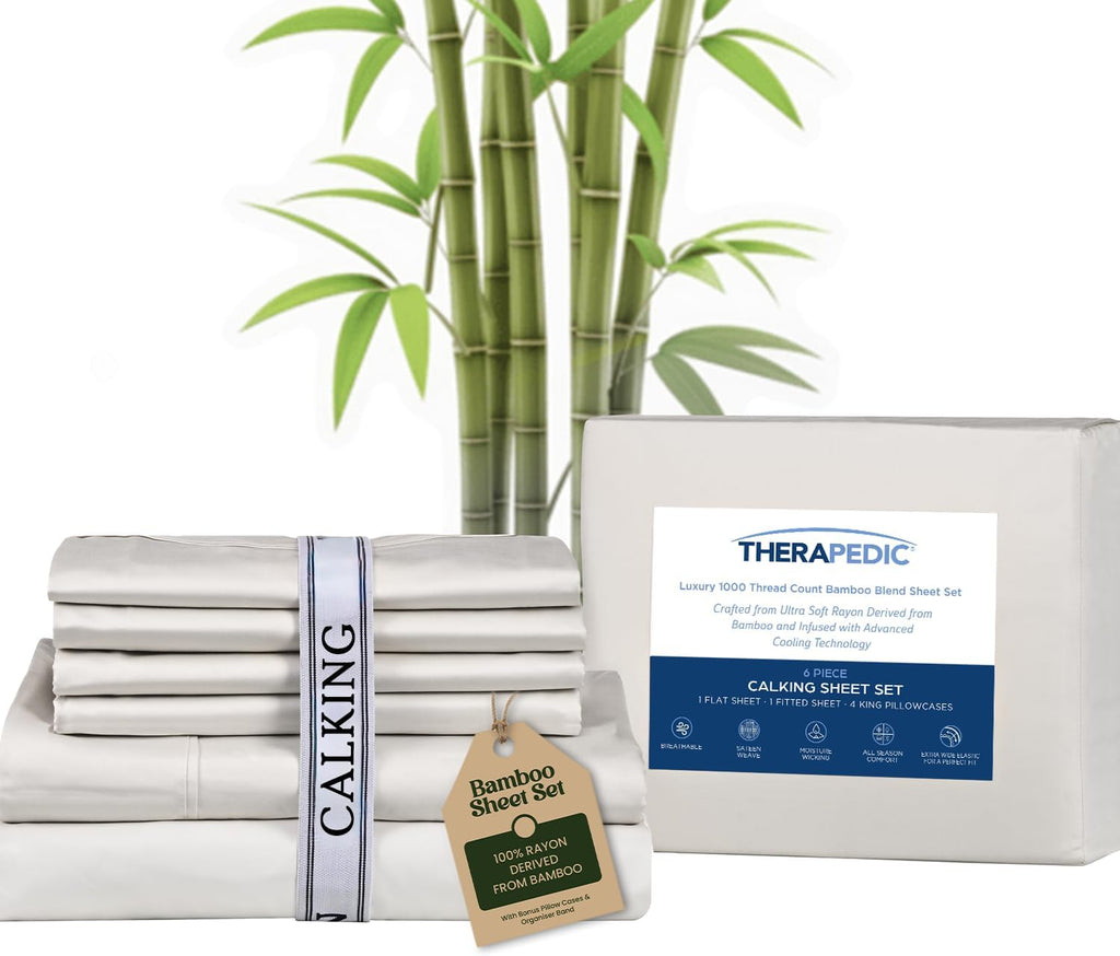 Therapedic 100% Organic Rayon Derived from Bamboo California-King Sheet Set | 1000TC 6-Piece Cooling Sheets Set, 16' Deep Pocket Fitted Sheet, 4 Pillowcases - Ivory