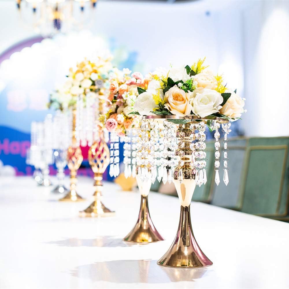 Metal Wedding Centerpieces for Table, Crystal Flower Stands, Wedding Road Lead Flower Holders, Crystal Mermaid Chandelier Flower Vases for Birthday Party Event Wedding Home Decor (Gold, 13'-10pcs)