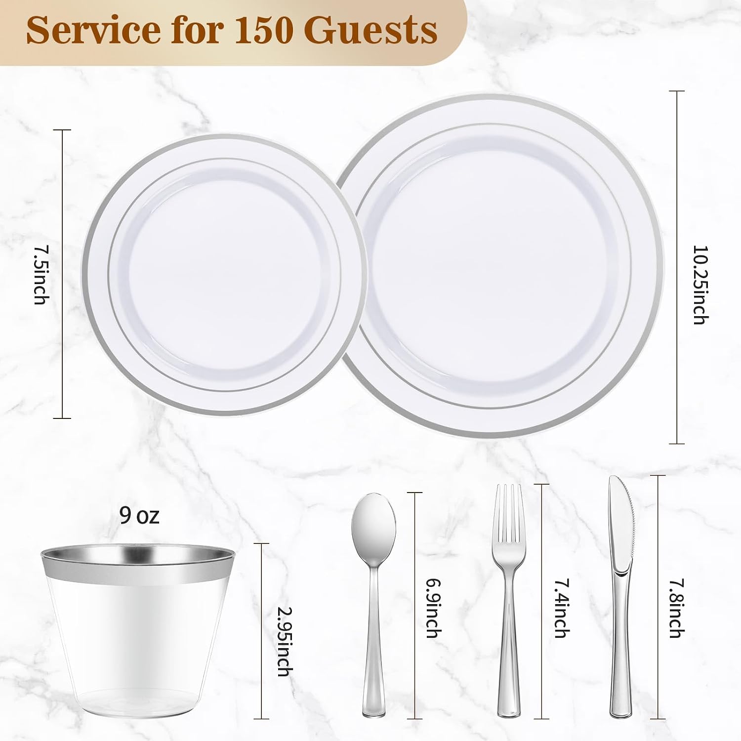BESTVIP 900PCS Silver Dinnerware Set for 150 Guests, Plastic Plates for Party, 150 Silver Disposable Plates, 150 Dessert Plates, 150 Cups, 150 Spoons, 150 Forks and 150 Knives