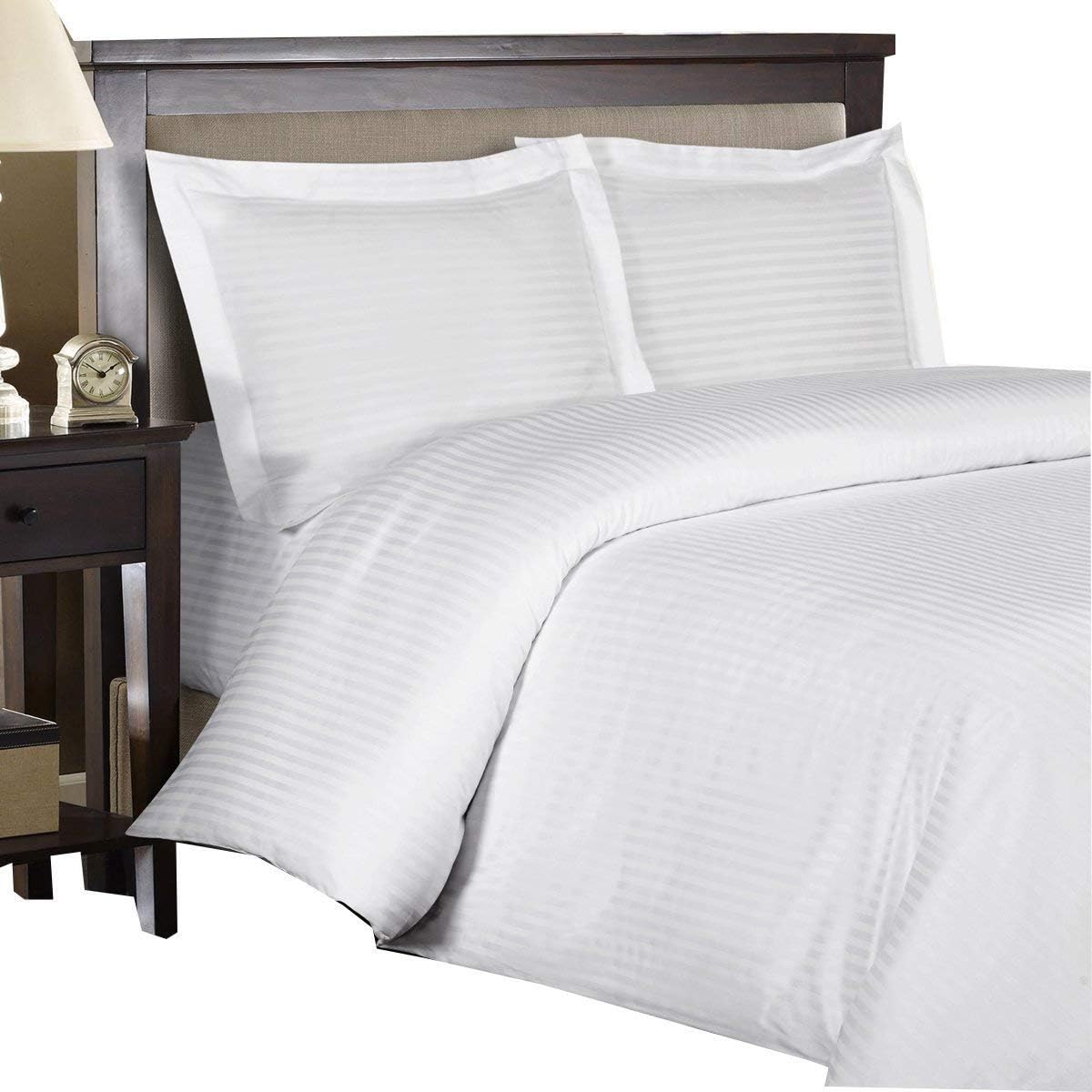 Royal Hotel Bedding Cotton Stripe Duvet Cover Set White with Down Alternative Comforter Duvet Insert, 4 Piece Full Size, 600 Thread Count, Cooling, Breathable