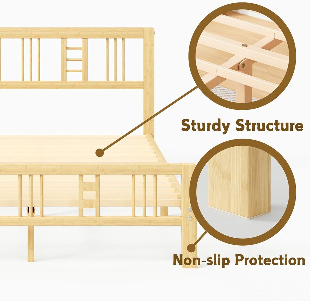10 Inch High Bamboo Queen Bed Frame with Headboard and Footboard, Wood Bed Frame Queen Size Metal Slat Support Heavy Duty, No Box Spring Needed, Easy Assembly, Noise Free, Reinforced