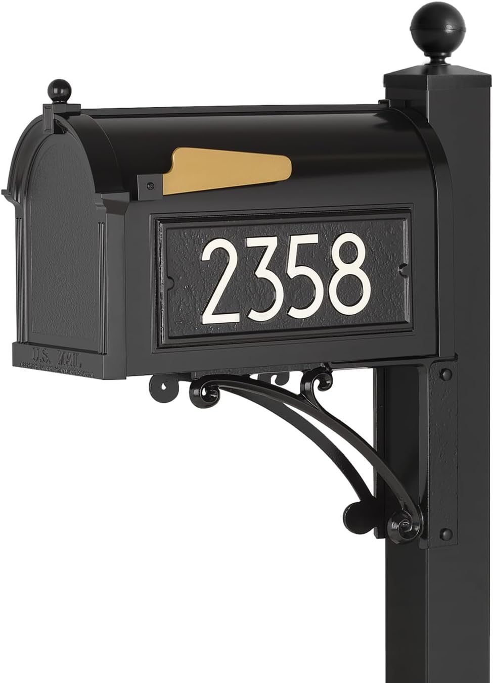 Whitehall Custom Extra Large Mailbox, Capitol Model with Modern Style Address Plaques and Post Package, Sand Cast Aluminum, Black Personalized in White