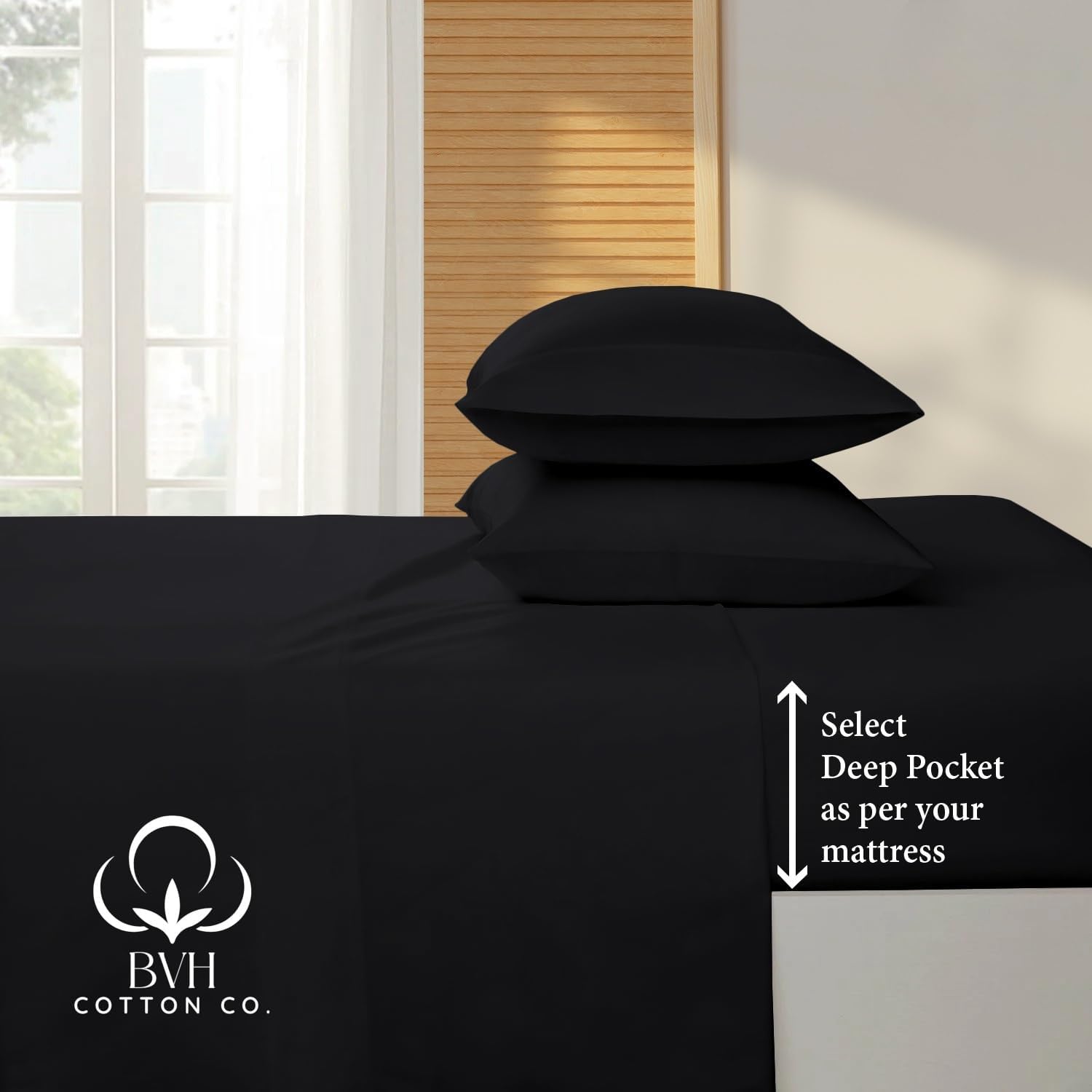 Egyptian Cotton Queen Size Sheet Set, 4Pc Bed Set, Soft & Breathable Percale Weave, Fits 10-12' Deep Pocket, Hotel-Quality 1000 Series Bed Sheets (Solid, Black)