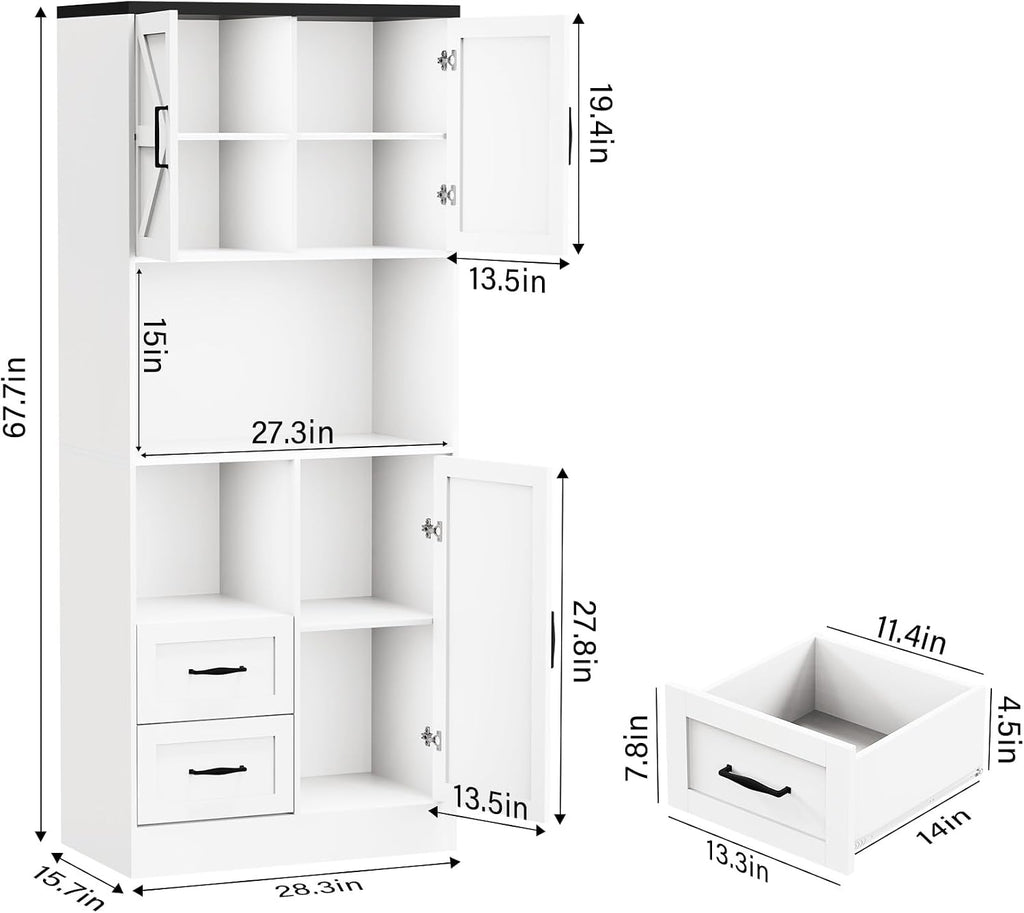 Bigbiglife Farmhouse Kitchen Pantry Cabinet with LED Lights and Power Strip, Tall Kitchen Storage Cabinet, Kitchen Hutch with Microwave Stand & Barn Doors and Drawers for Dining Room (White)