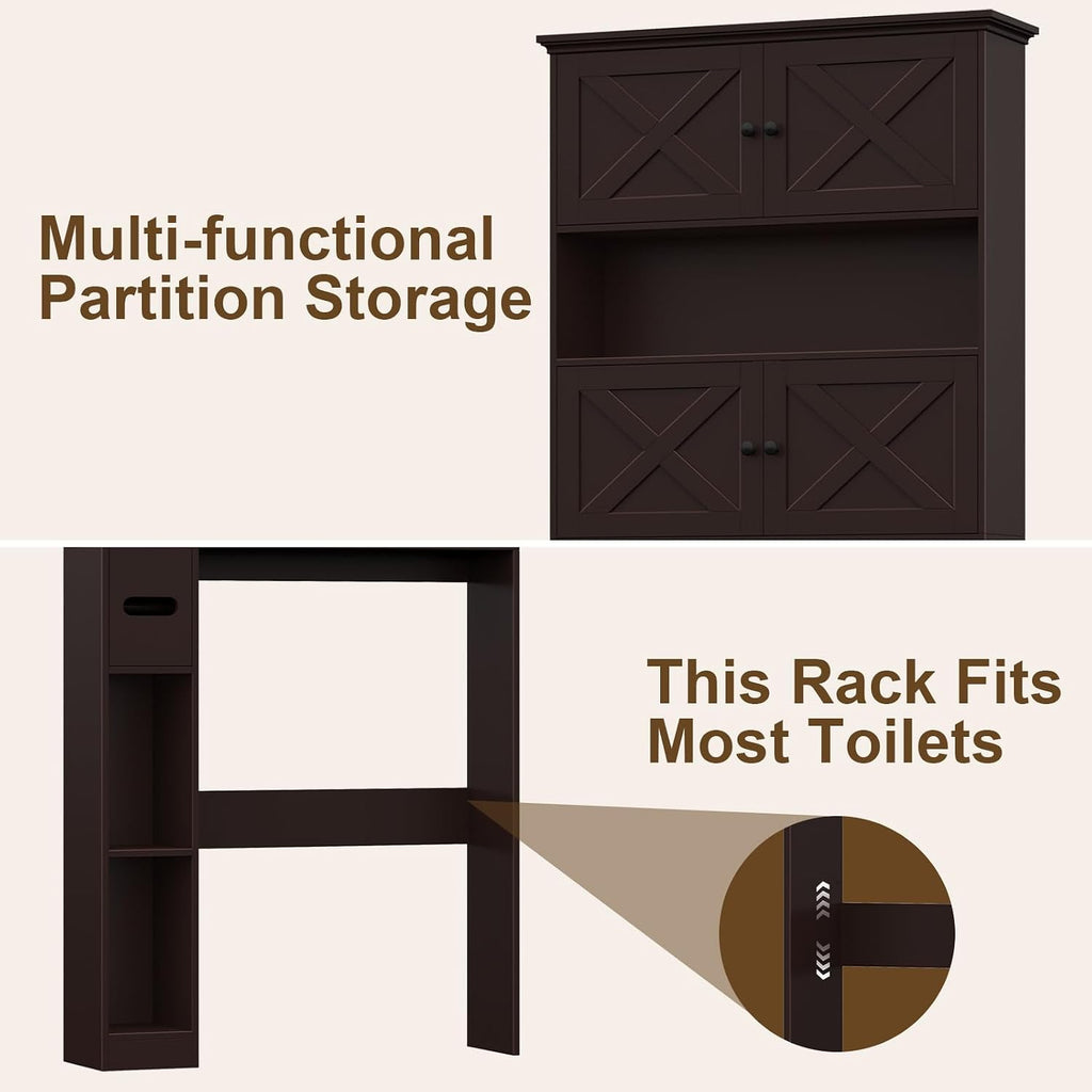 Halitaa Over The Toilet Storage Cabinet, Farmhouse Storage Cabinet Over Toilet with 4 Barn Doors & Toilet Paper Holder Stand, Espresso Toilet Shelf Home Space Saver for Restroom, Bathroom, Laundry