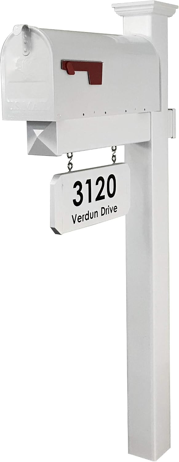 The Harrison Vinyl/PVC Mailbox Post (Includes Mailbox) Complete Decorative Curbside Combo Mailbox System with Classic Traditional Style (White Mailbox)