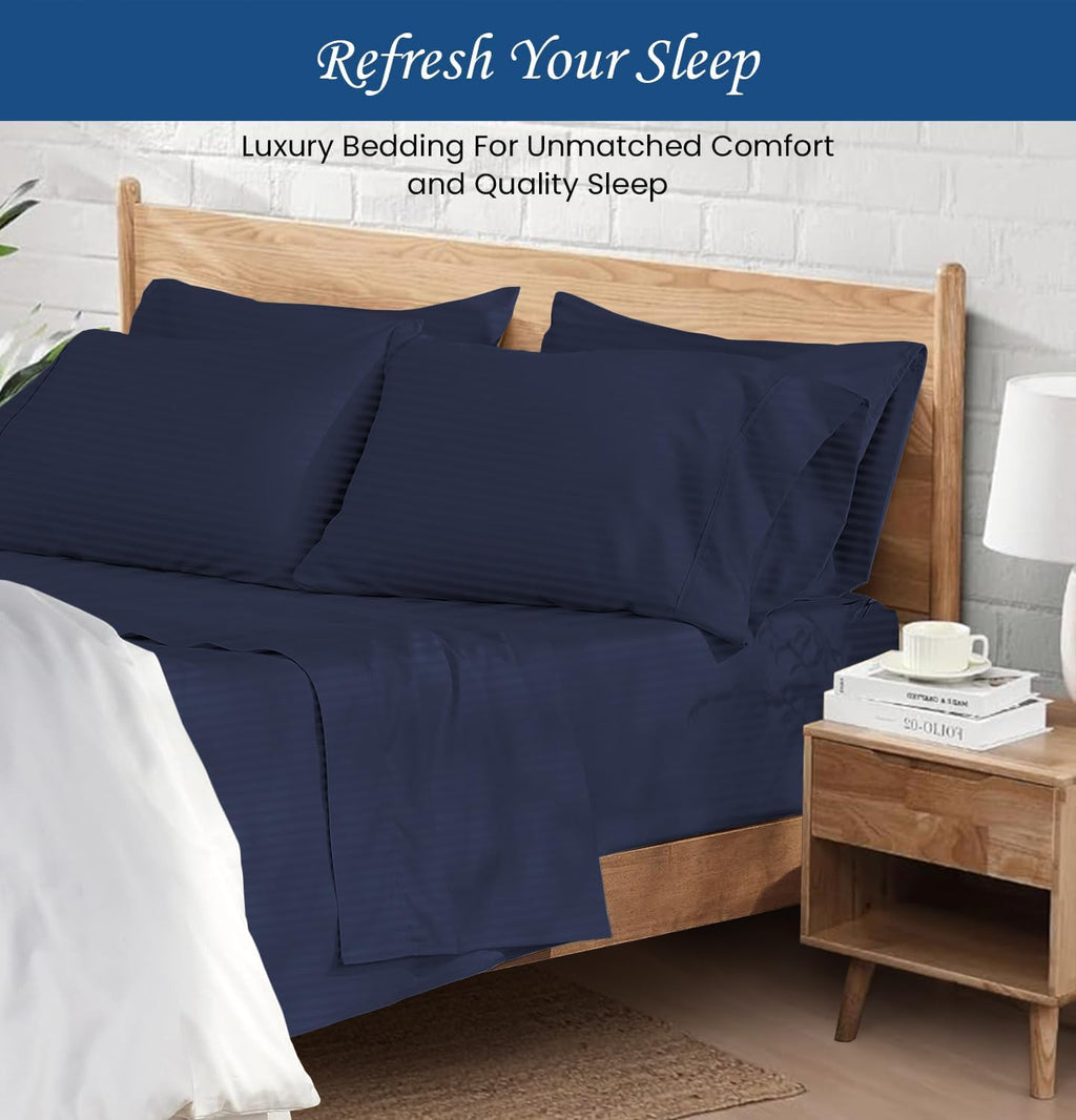 1000 Series- Extra Long Staple 100% Egyptian Cotton Sheet Set,Sateen Weave, Hotel Quality Soft Luxury Bedding, Queen Size 4 Piece Sheet Set Fit 15' Inch to 18' Deep Stripe Navy Blue