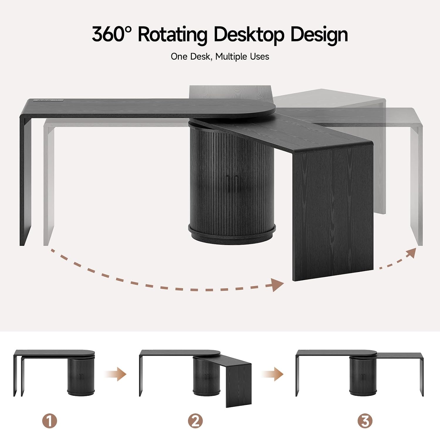 ONBRILL 60 Inch L Shaped Desks with Power Outlets,360° Rotating Swivel Corner Desk with Storge, Fluted Computer Table for Home Office,Workstation,Study Room,Black