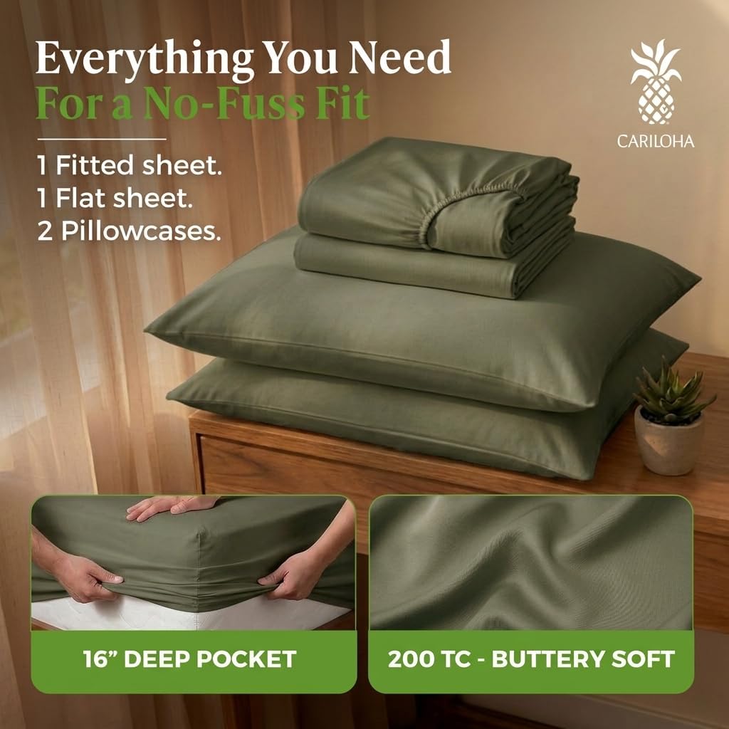 Cariloha Aloha Soft 100% Organic Bamboo Viscose Sheets – 4-Piece Queen Sheet Set – 16 in Deep Pockets – Buttery Soft, Hypoallergenic, Cooling Sheets – Oeko-TEX Standard 100 – Coastal Pine