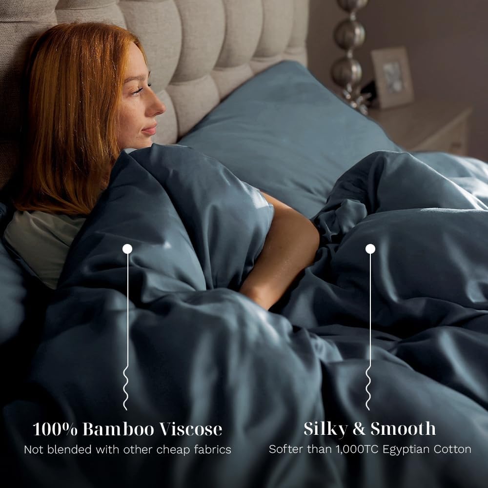LUXOME Luxury Duvet Cover | Oversized Fit | 100% Rayon (Viscose) from Bamboo | Silky Soft Feel | Thermal-Regulating | 2X Cover Ties | Full/Queen - 90'x98' | Ocean