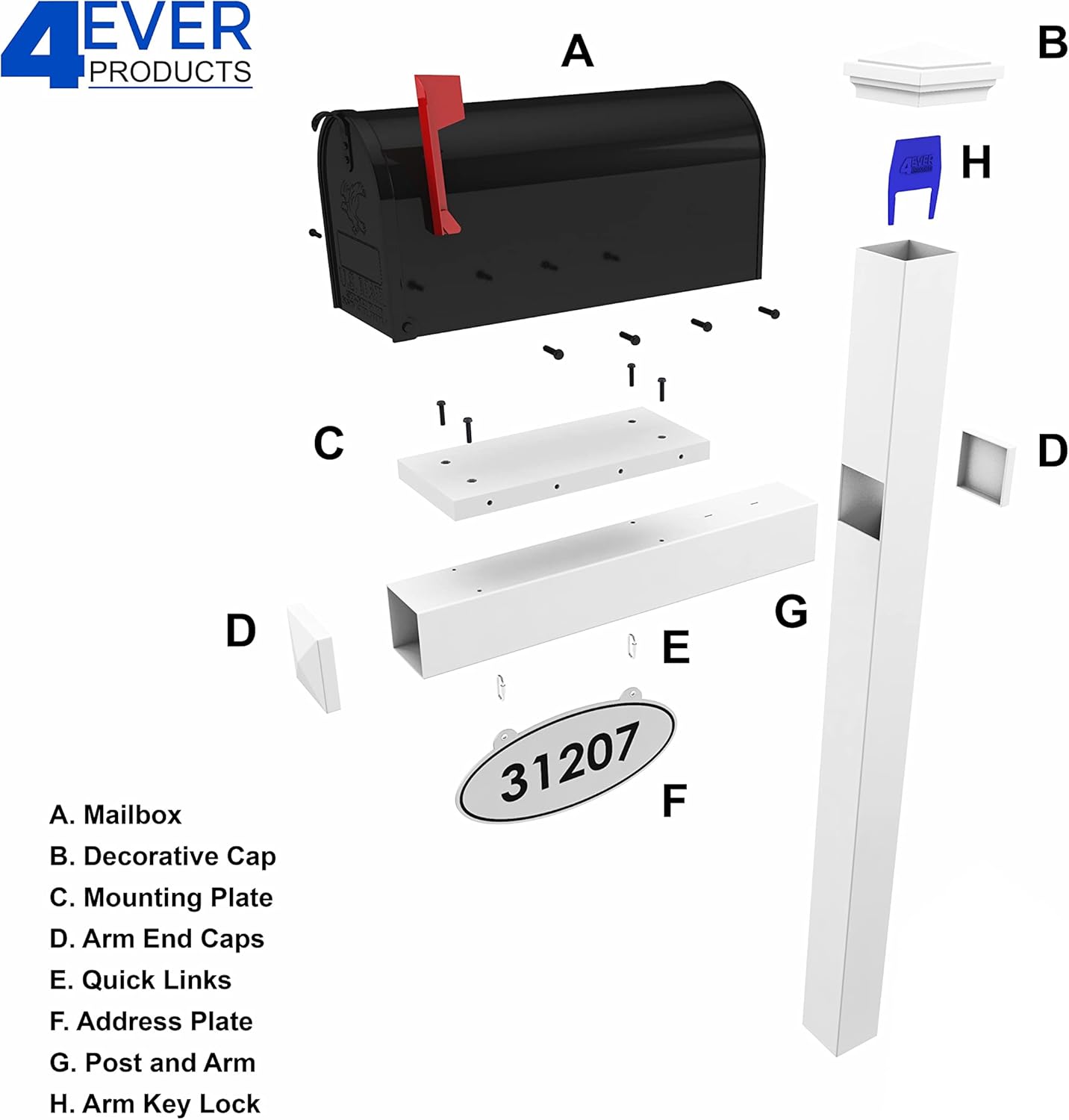 The Harrison Vinyl/PVC Mailbox Post (Includes Mailbox) Complete Decorative Curbside Combo Mailbox System with Classic Traditional Style (White Mailbox)