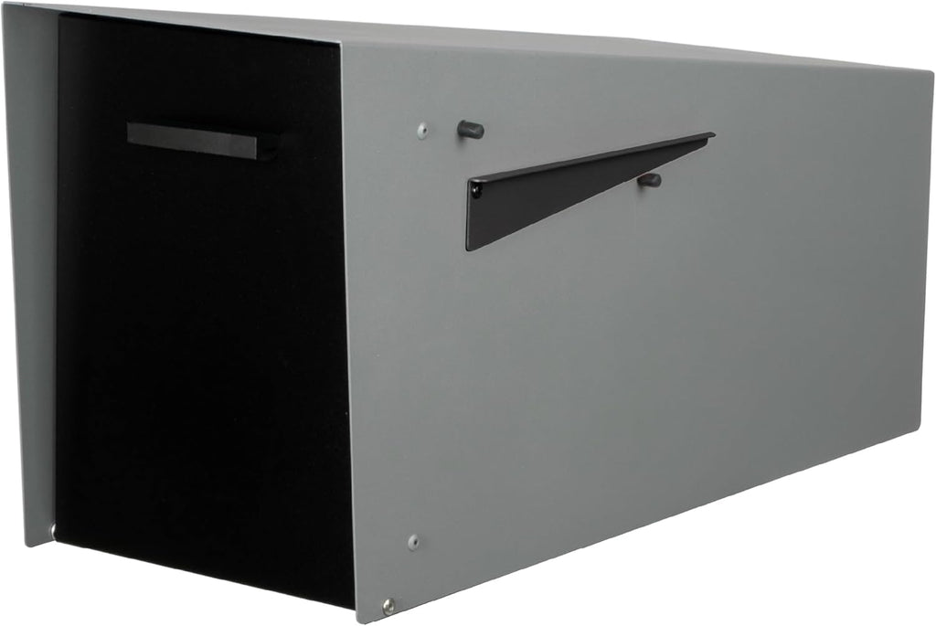 Ilyapa Modern Mailbox with Angle Design Post Mount - Gray Powder Coated Metal Mailbox with Black Door - Waterproof for Parcels, with Magnetic Door