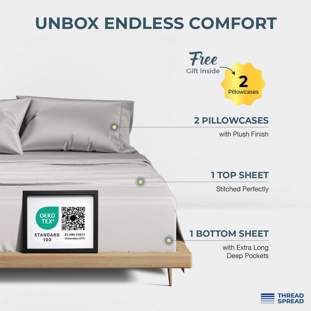 THREAD SPREAD 100% Egyptian Cotton King Size Sheets Set - Luxury 1500 Series Egyptian Cotton Sheets King Size (4 PC, Light Grey), Silky Soft, Sateen, Cooling & Breathable, 17' Deep Pocket Bed Set