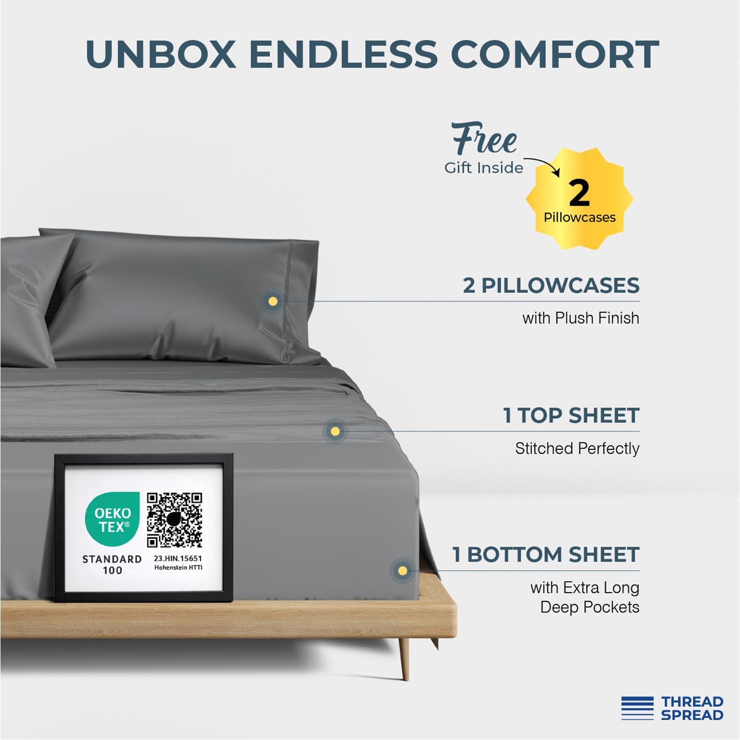 THREAD SPREAD 100% Egyptian Cotton King Size Sheets Set - Luxury 1500 Series Egyptian Cotton Sheets King Size (4 PC, Dark Grey), Silky Soft, Sateen Weave, Cooling & Breathable, 17' Deep Pocket Bed Set