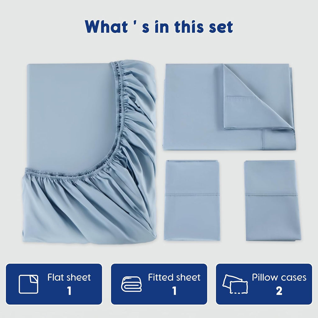 SONORO KATE 100% Egyptian Cotton Sheets - 1200 Thread Count, Luxury & Cooling Hotel Cotton Bed Sheets Set 4 Piece, Sateen Weave for Soft Feel, Fits Upto 16' Mattress (French Blue, Queen)