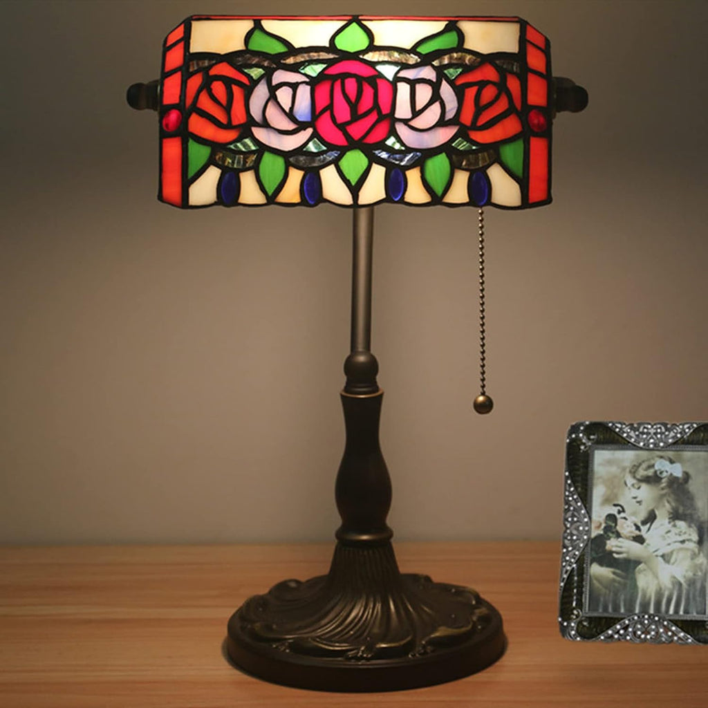 Tiffany Style Bankers Table Lamp Stained Glass Piano Desk Lamp Vintage Bedroom Bedside Lamp for Study,Antique Alloy Base,Zipper Switch,Rose a