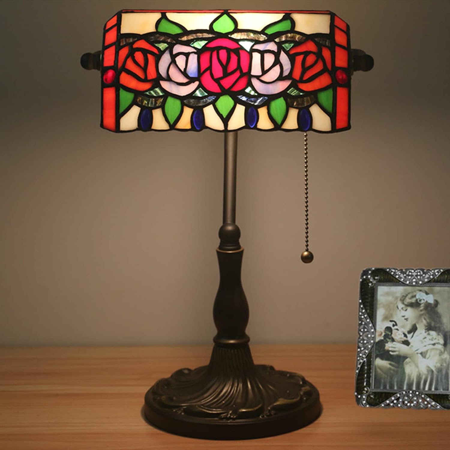 Tiffany Style Bankers Table Lamp Stained Glass Piano Desk Lamp Vintage Bedroom Bedside Lamp for Study,Antique Alloy Base,Zipper Switch,Rose a