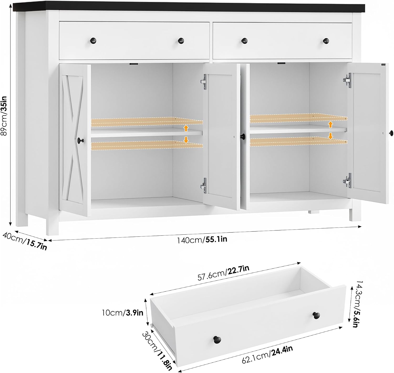 FOTOSOK Sideboard Buffet Cabinet with Storage, 55' Large Kitchen Storage Cabinet with 2 Drawers and 4 Doors, Wood Coffee Bar Cabinets Buffet Table for Kitchen Dining Room, White and Black