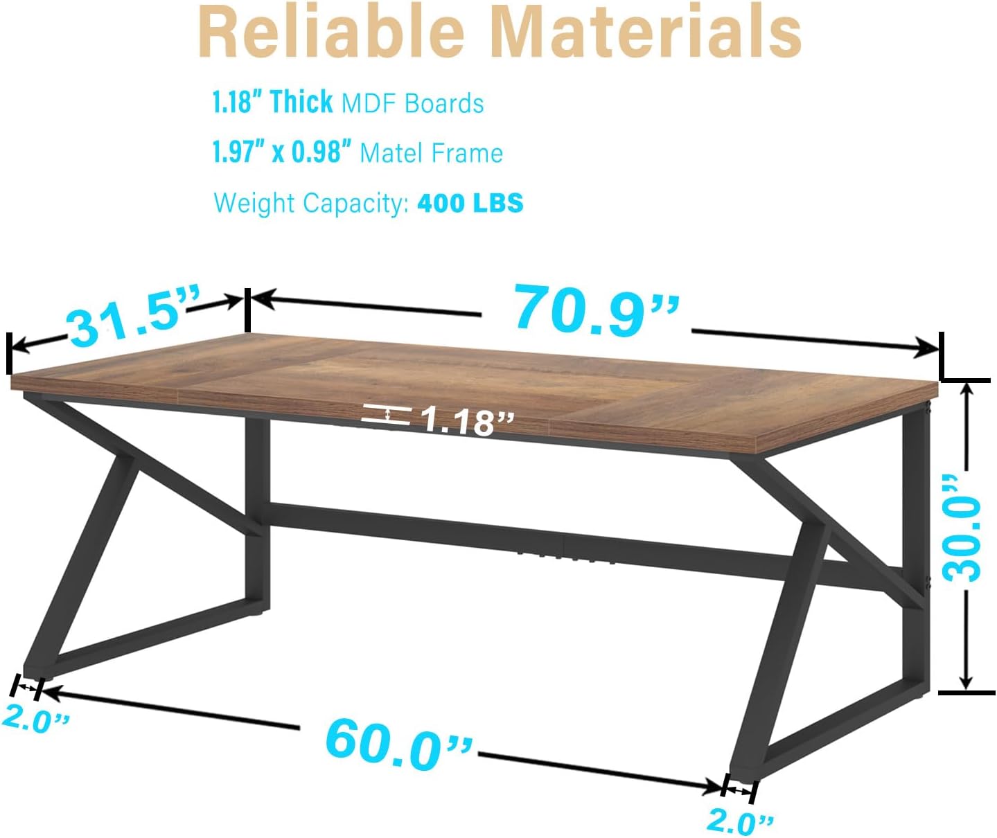 HSH Large Home Office Desk, Modern Wood Metal Computer Desk for Two Person, Extra Long Executive Writing Study Gaming Double Desk Workstation, 70 Inch Rustic Bedroom Living Room Table for 2 Monitors