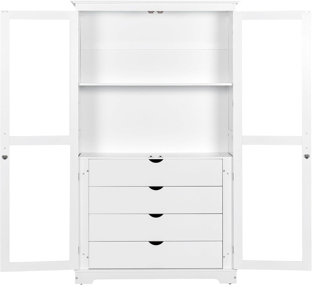 Modern 75inch Kitchen Pantry, Freestanding Kitchen Storage Cabinet Display Cabinet with Glass Doors and 4 Built-in Drawers for Living Room, Home Office (White-30r)