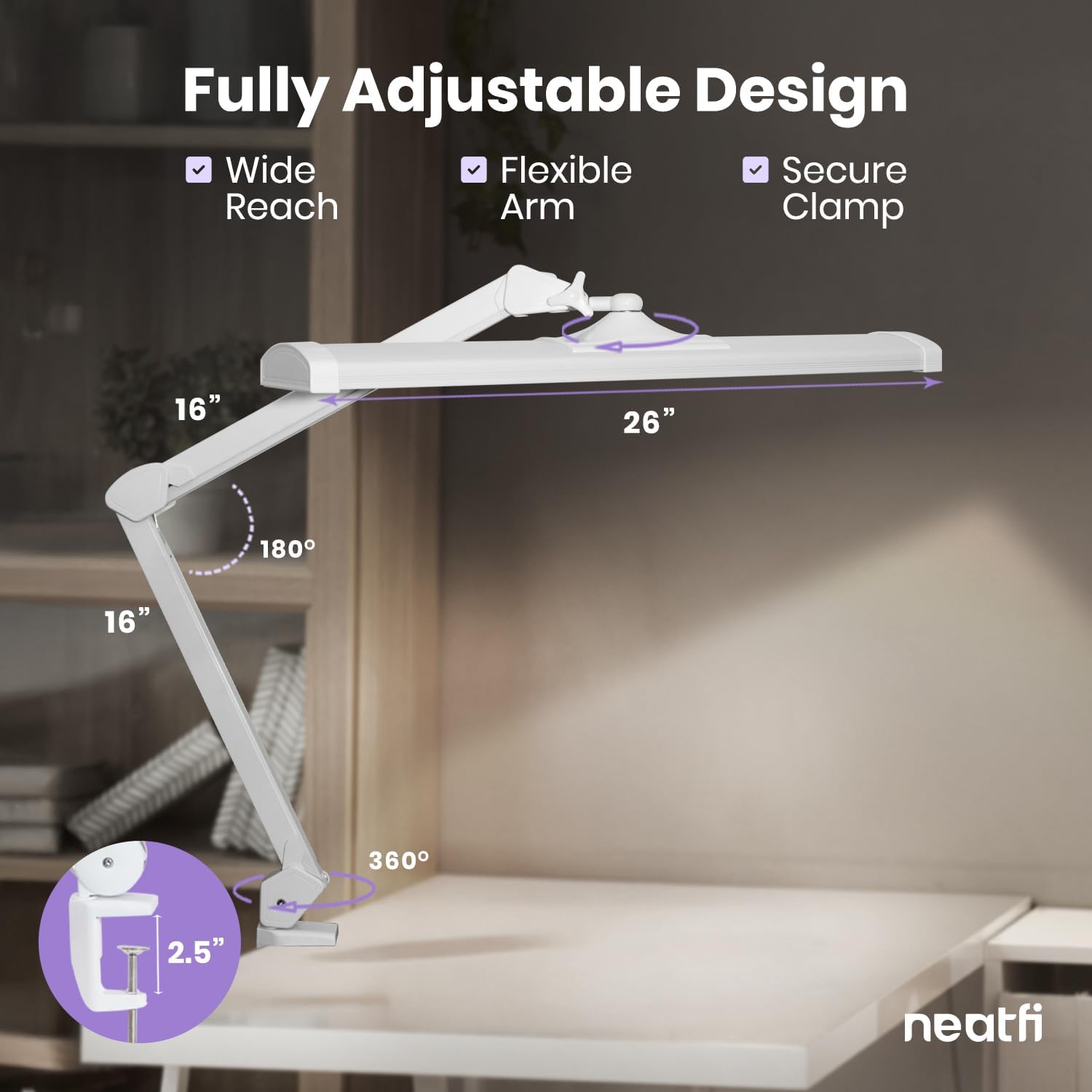 Neatfi 3,500 Lumens LED Desk Lamp – 45W Dimmable Task Light | Adjustable Color Temperature | 3 Light Modes | 540 SMD LEDs | Reading, Craft, Workbench & Office (White-2, 26-Inch Wide Shade)