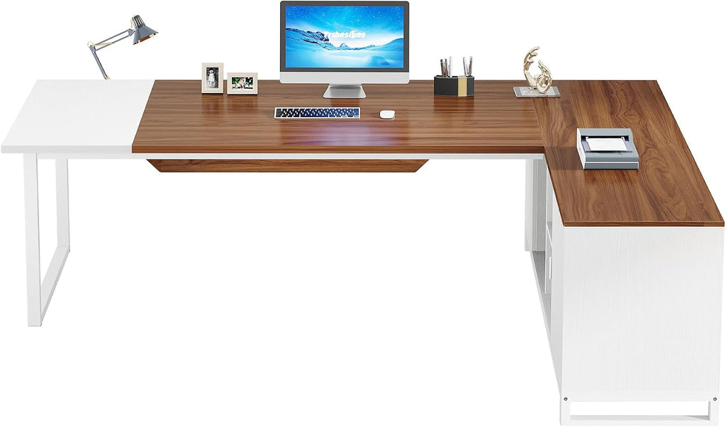 Tribesigns 70.8-Inch Executive Desk with 55-Inch File Cabinet, Large L Shaped Computer Desk with Storage Cabinet and Shelves, Modern L-Shaped Desk for Home Office, Walnut & White