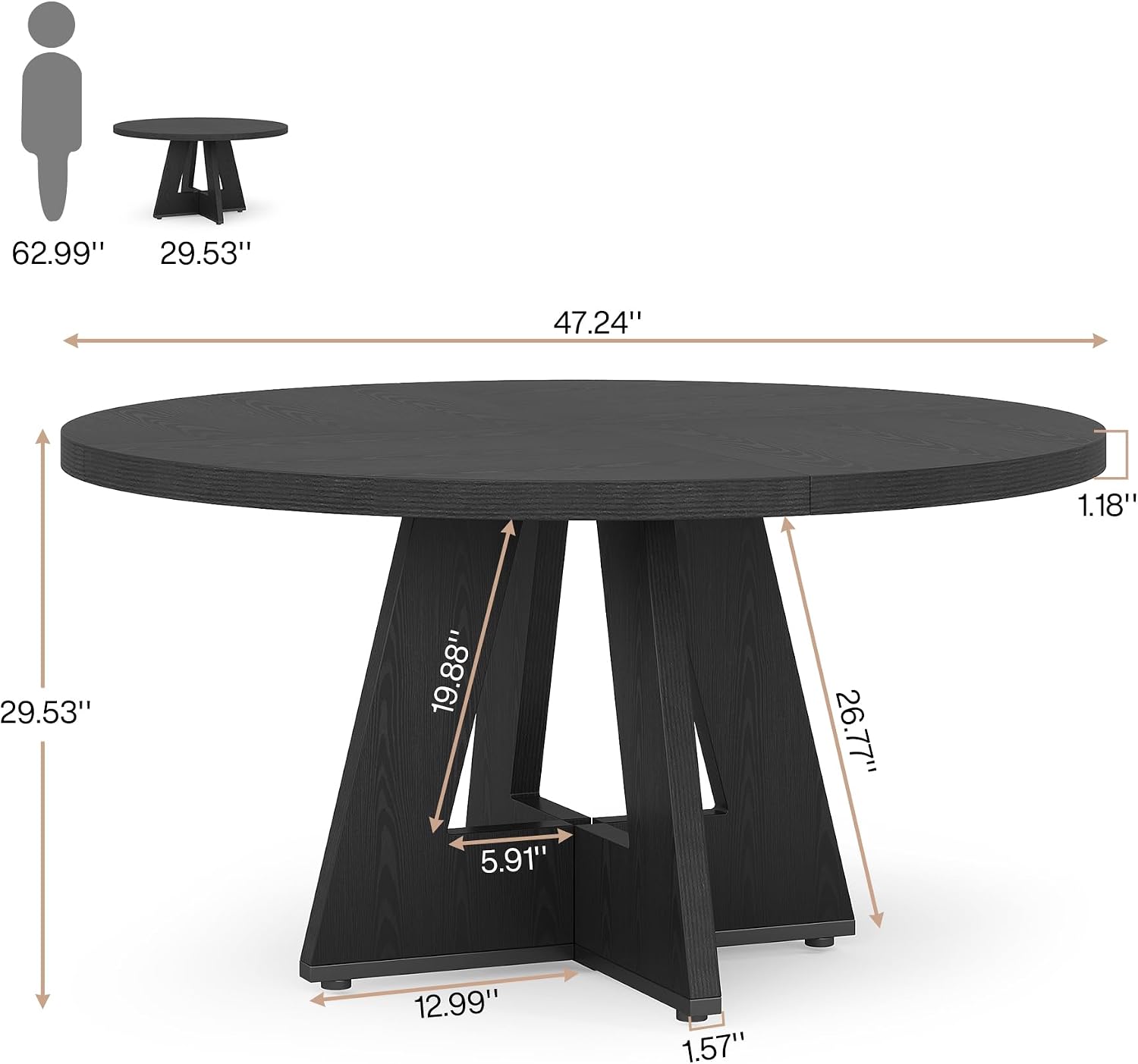 Tribesigns Farmhouse Dining Table, 47 Inch Round Dinner Table for 4 (Black)