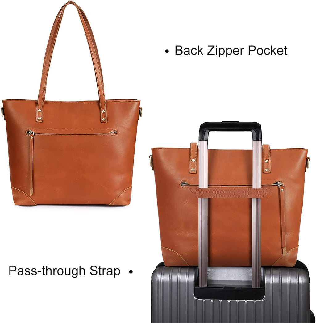 S-ZONE Vintage Genuine Leather Shoulder Bag Work Totes for Women Purse Handbag with Back Zipper Pocket Large