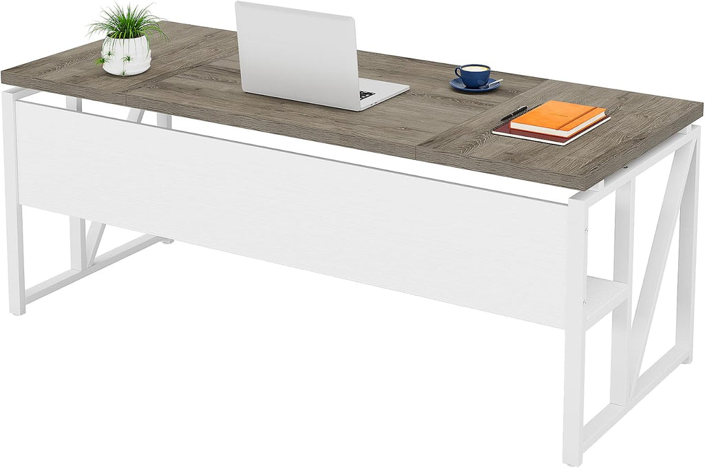 Tribesigns 63 inches Computer Desk with Bottom Storage Shelf Home Office Desk Writing Table for Workstation,Dark Walnut + Steel Leg， Cabinet not Included (Dark Oak, 63-inch-with Shelf)