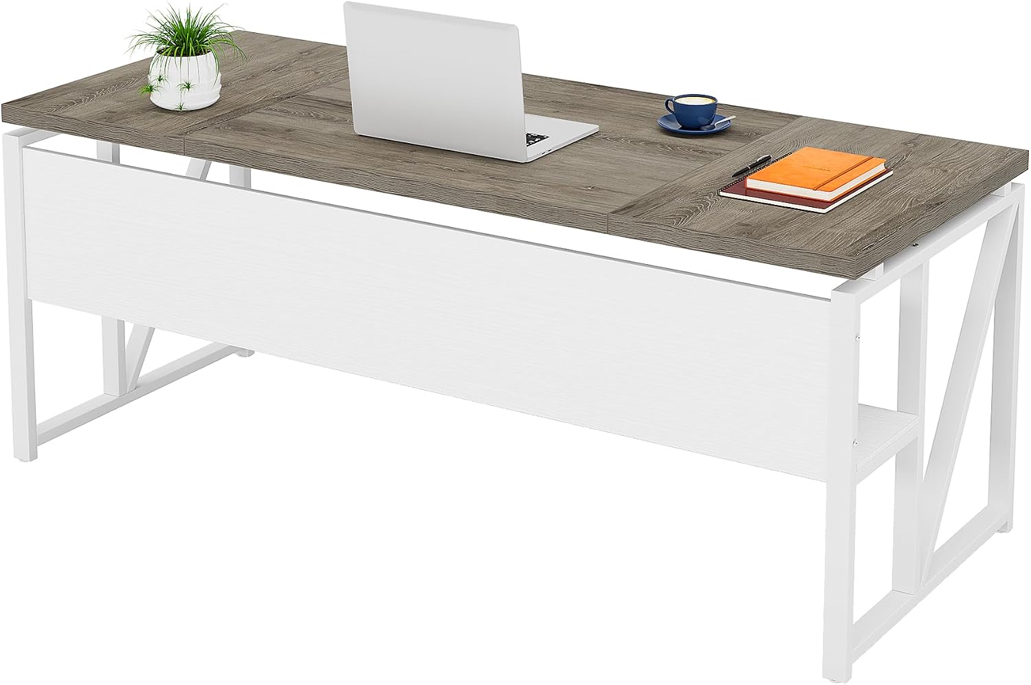 Tribesigns 63 inches Computer Desk with Bottom Storage Shelf Home Office Desk Writing Table for Workstation,Dark Walnut + Steel Leg， Cabinet not Included (Dark Oak, 63-inch-with Shelf)