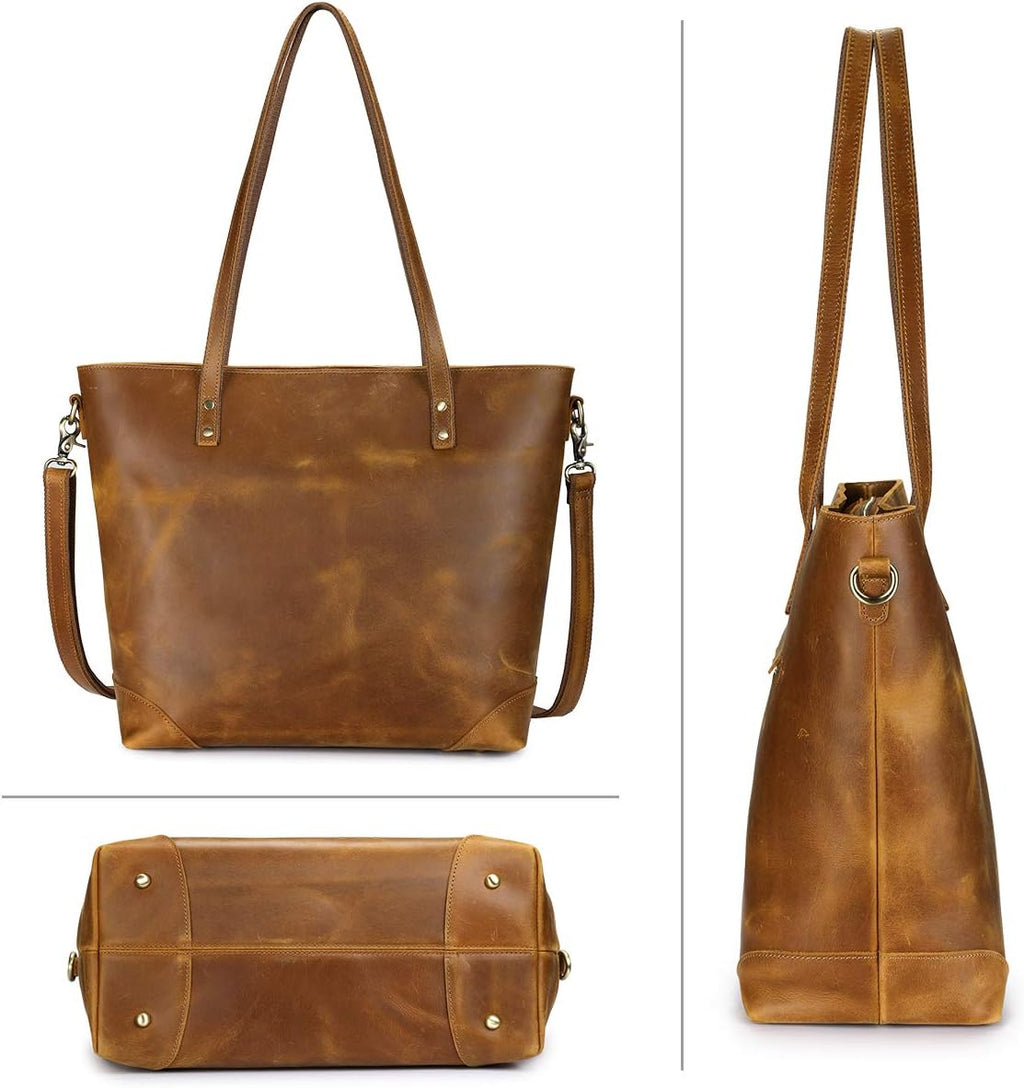 S-ZONE Vintage Genuine Leather Shoulder Bag Work Totes for Women Purse Handbag with Back Zipper Pocket Large