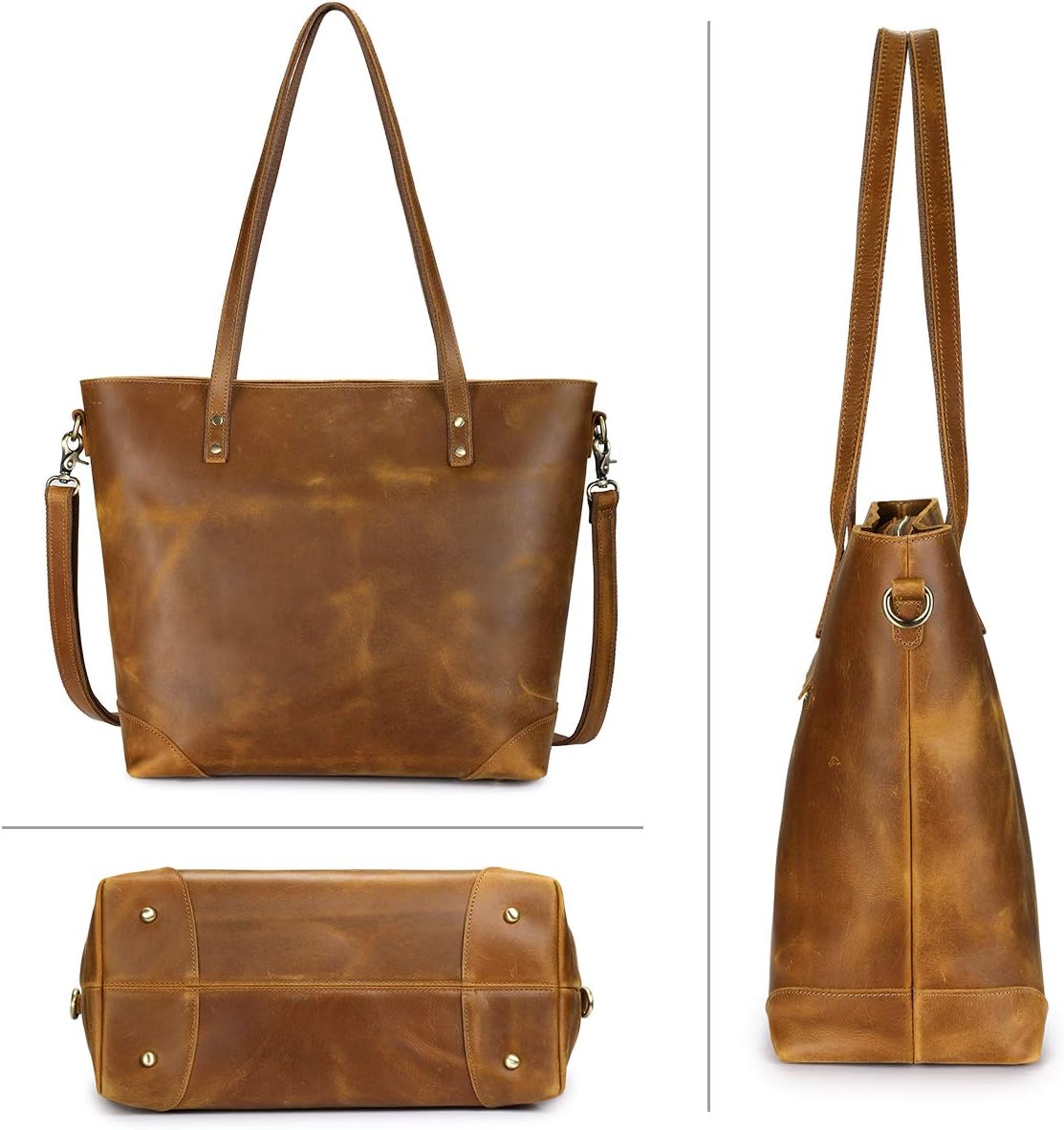 S-ZONE Vintage Genuine Leather Shoulder Bag Work Totes for Women Purse Handbag with Back Zipper Pocket Large