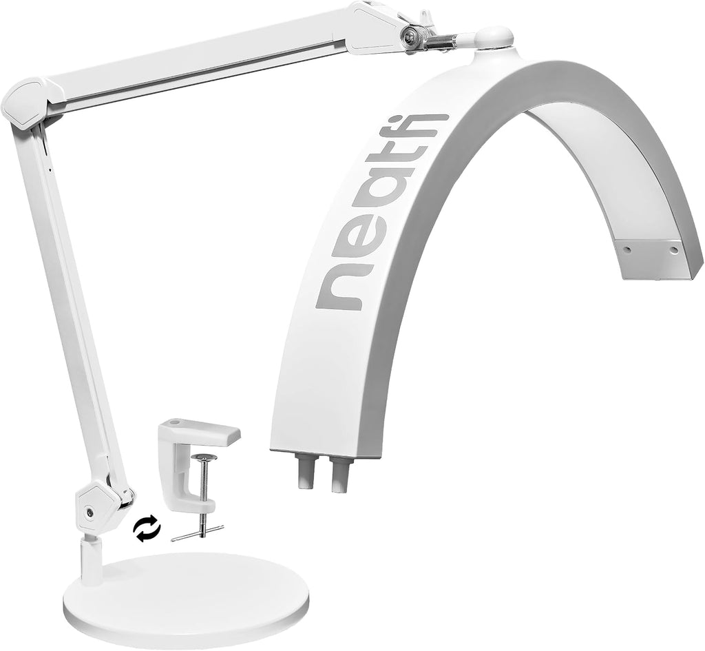Neatfi Half Moon LED Table Lamp for Estheticians – 2,500 Lumens | CCT Dimming, 5 Light Modes | Professional Task Lamp for Nail Art, Facials, Threading & Tattoos (White, CCT with Base and Clamp)