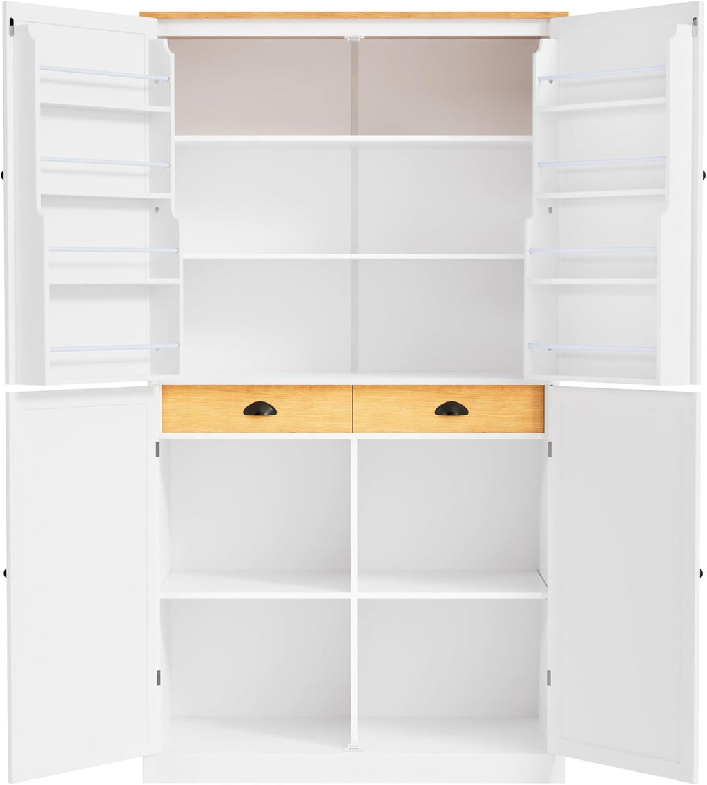 71.3inch Farmhouse Kitchen Pantry, Freestanding Large Cupboard Storage Cabinet with 2 Drawers and 2 Adjustable Shelves, Wood Storage Cabinet with 8 Door Shelves for Kitchen, Dining Room (White-2)