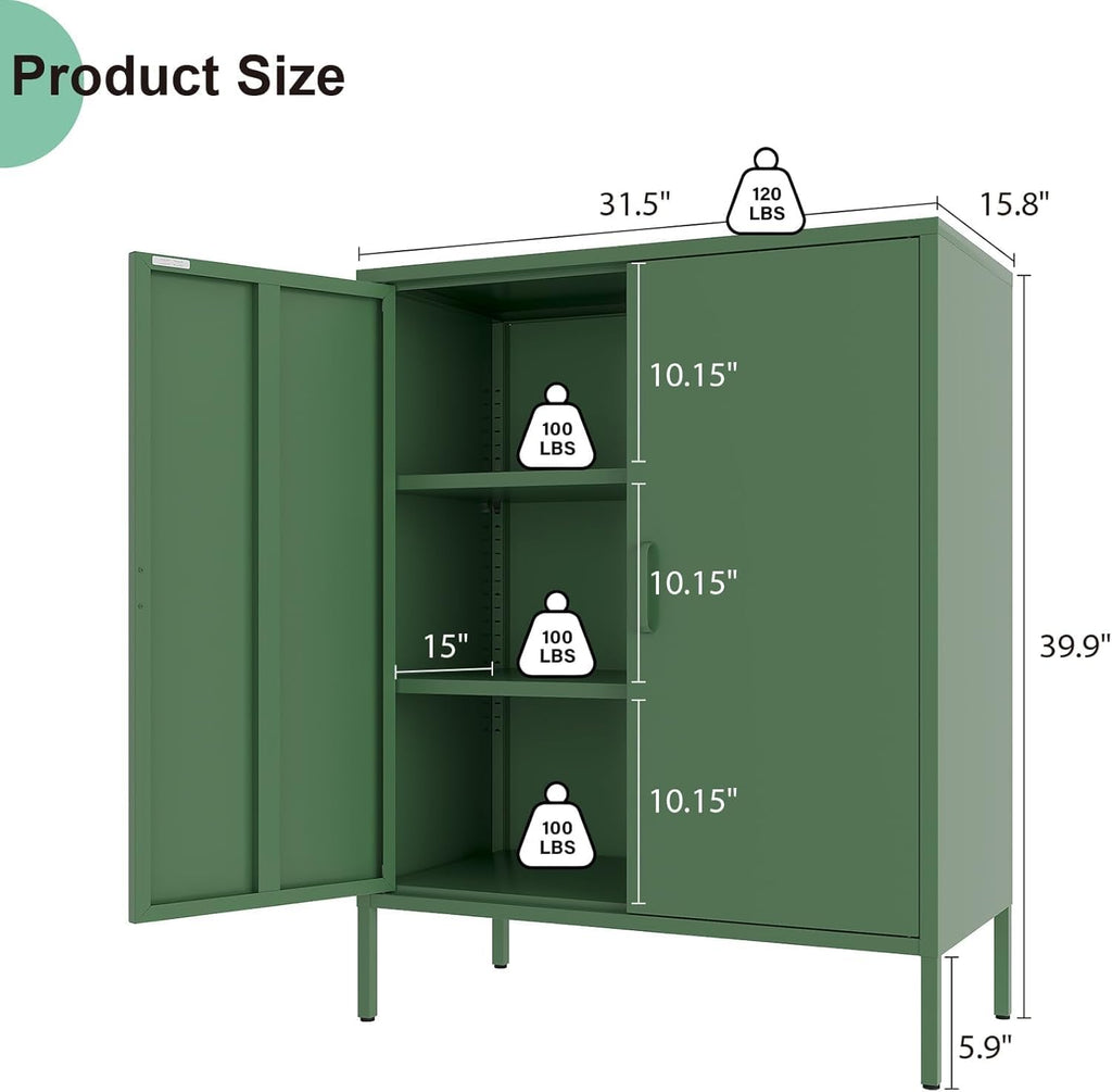 2 Door Metal Locker Storage Cabinet,40' H Green Cabinets for Storage with Doors, Freestanding Small Sideboard Pantry Cabinet for Small Spaces,Hallway,Home Office, Kitchen and Living Room