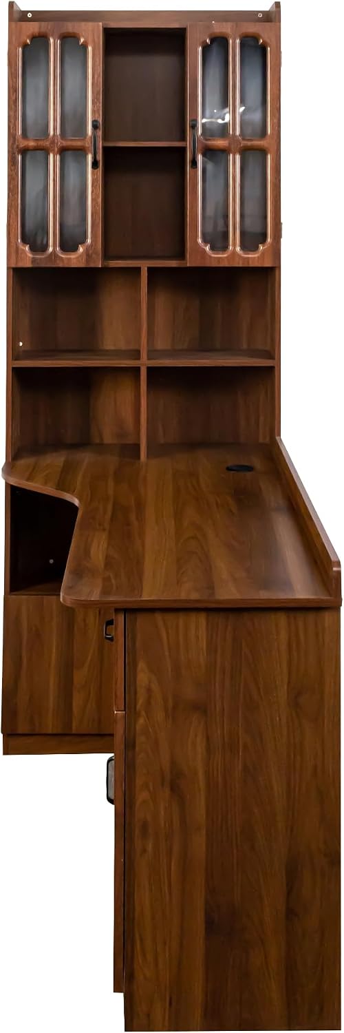ZeHuoGe L-Shaped Corner Computer Desk for Home Office or Study Desk, Study Modern Style Table with Drawers, Bookshelf & Hutch, 2-in-1 L-Shaped Design, Large Working Space (Walnut)