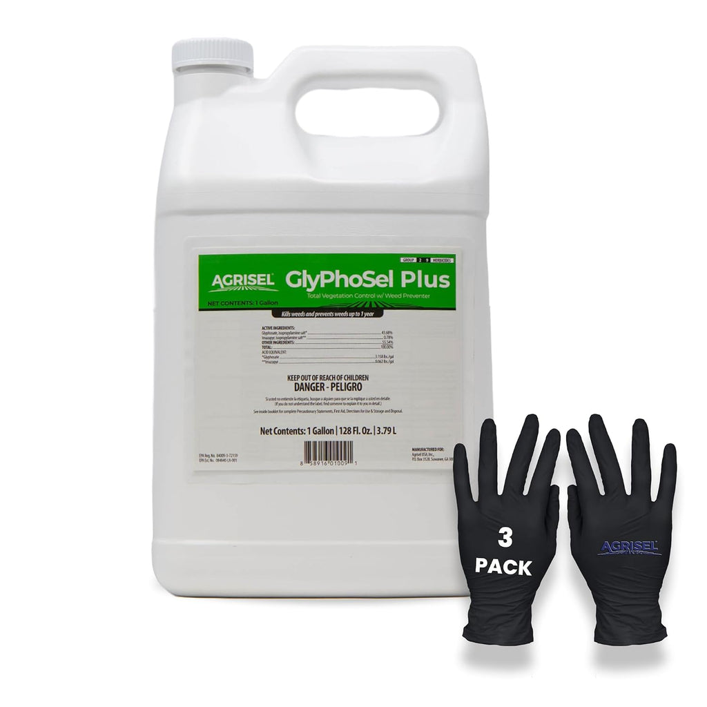 Agrisel GlyPhoSel Plus Weed Killer, Post Emergent, Long-Lasting Action, Eliminates Tough Weeds from Leaf to Root, For Non-Crop Areas, Pet Safe, Includes 3-pack of Agrisel Protective Gloves, 128 Ounces