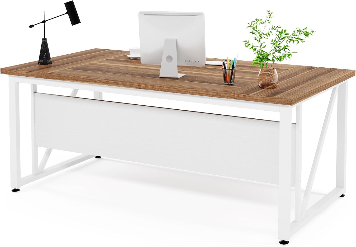 Tribesigns 63 inches Computer Desk with Bottom Storage Shelf Home Office Desk Writing Table for Workstation,Dark Walnut + Steel Leg， Cabinet not Included (Beige, 63-inch)
