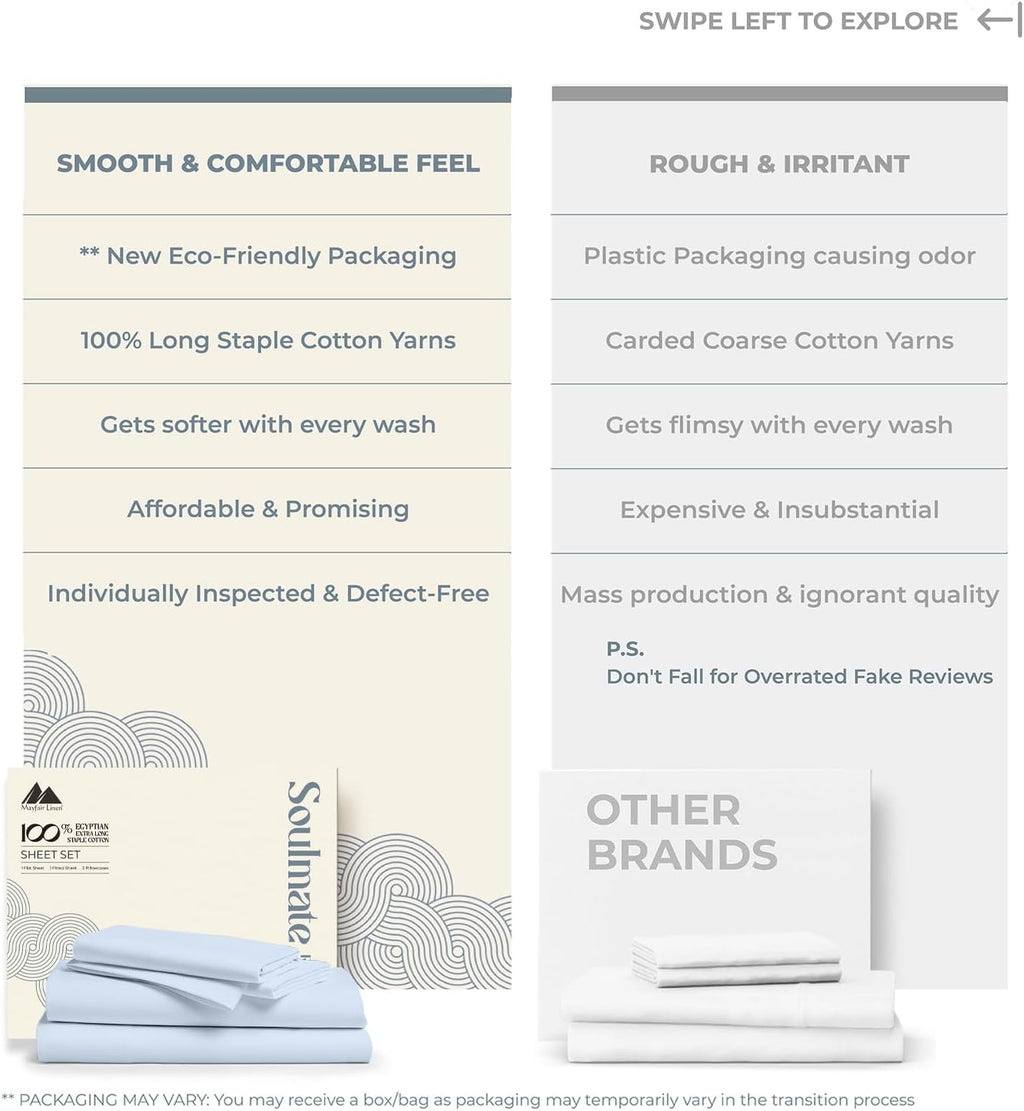 Mayfair Linen 100% Egyptian Cotton 2 Pack Full Sheet Set - Luxury 500 Series Soulmate Collection Cotton Sheets Full Size (8 PC, Light Blue), Silky Soft, Cooling 16' Deep Pocket Hotel Quality Sheet