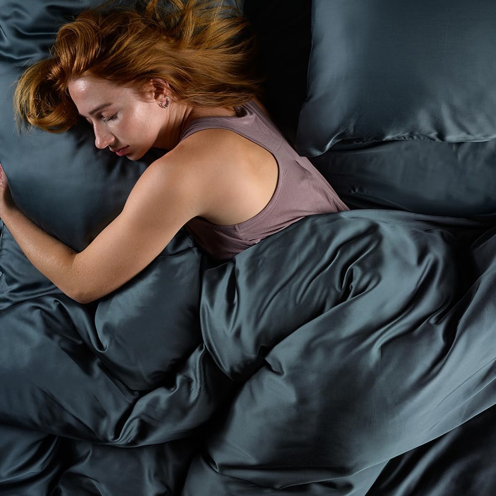 LUXOME Luxury Duvet Cover | Oversized Fit | 100% Rayon (Viscose) from Bamboo | Silky Soft Feel | Thermal-Regulating | 2X Cover Ties | Full/Queen - 90'x98' | Ocean