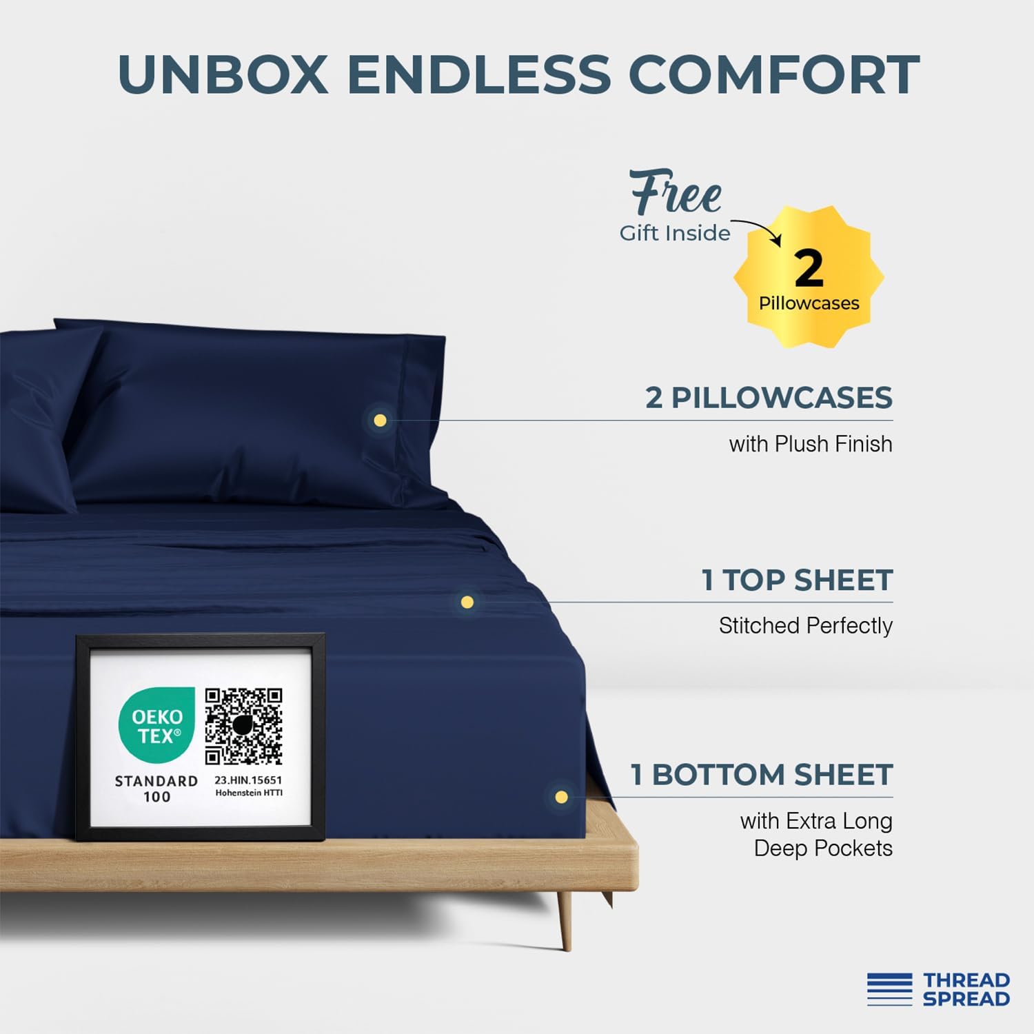 THREAD SPREAD 100% Egyptian Cotton King Size Sheets Set - Luxury 1500 Series Egyptian Cotton Sheets King Size (4 PC, Navy Blue), Silky Soft, Sateen Weave, Cooling & Breathable, 17' Deep Pocket Bed Set