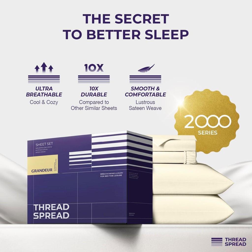 THREAD SPREAD 100% Egyptian Cotton California King Sheets Set - 2000 Series Luxury Cal King Bed Sheets, Soft & Cooling Sateen Weave, 17' Extra Deep Pocket Hotel Collection Sheet (4 Pc, Ivory)
