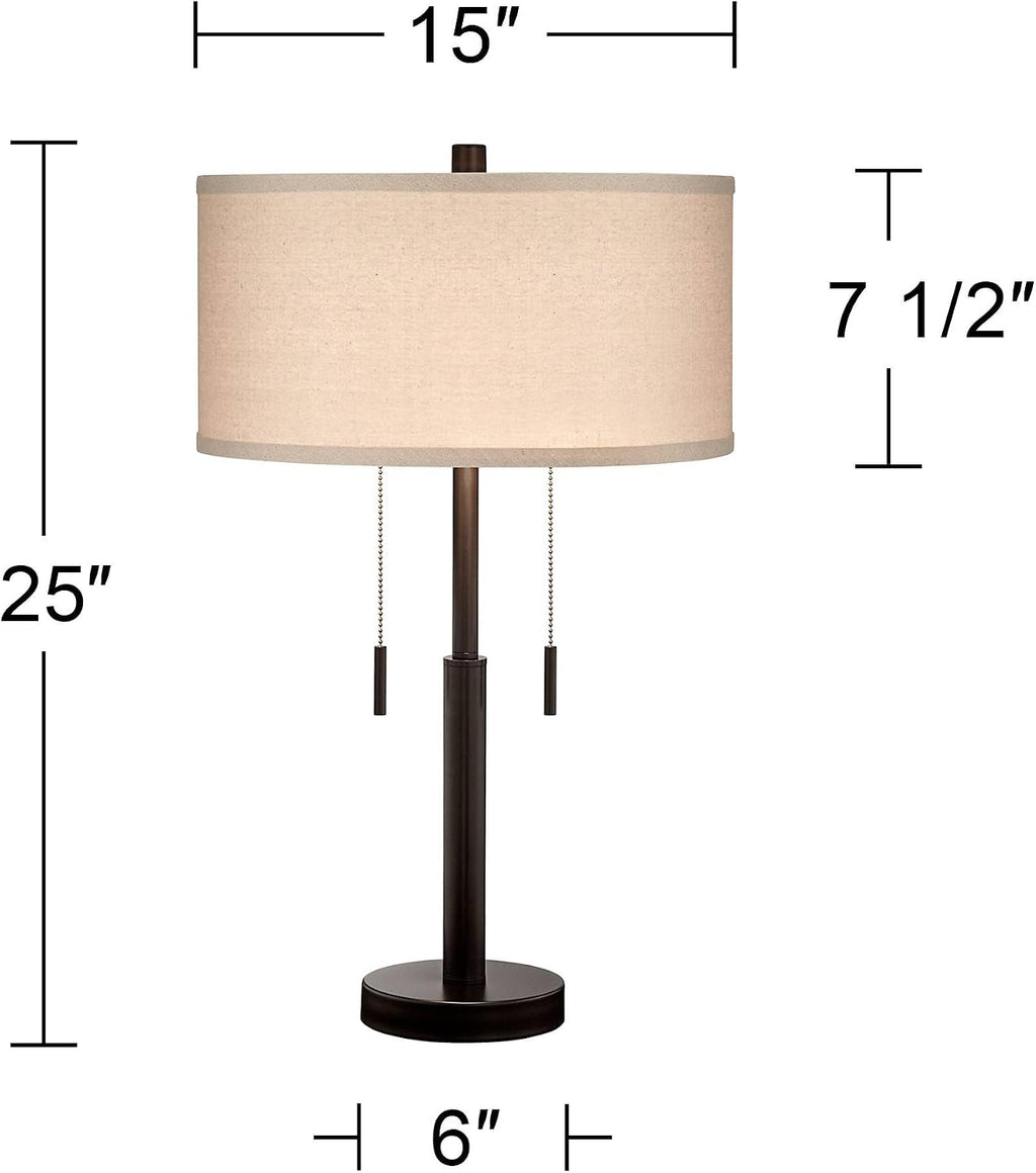 Franklin Iron Works Bernie Industrial Nightstand Table Lamp 25' High Set of 2 with Hotel Style USB Charging Port Rich Bronze Metal Fabric Drum Shade for Living Room Desk Bedroom House Bedside Home
