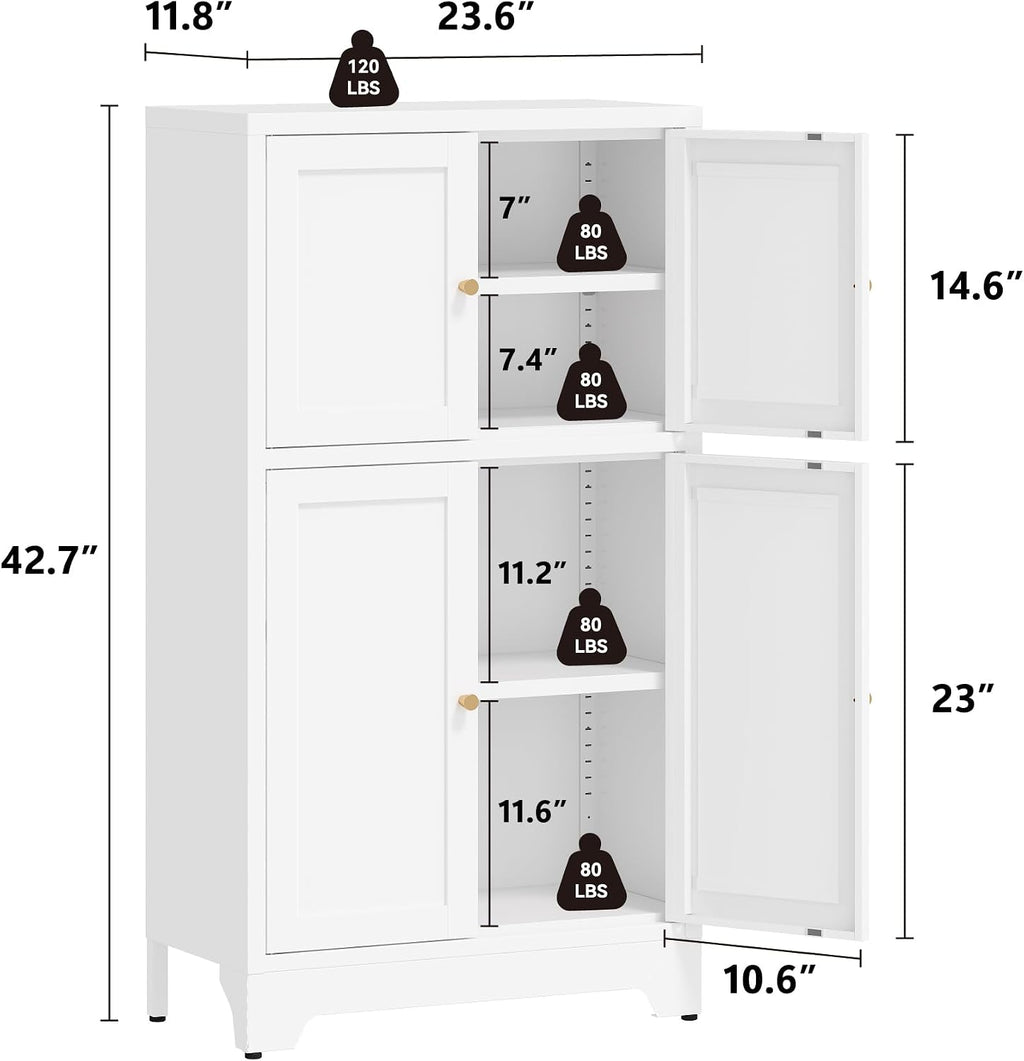 Metal Pantry Cabinet,Tall Kitchen Pantry Storage Cabinet with 4 Doors and 2 Adjustable Shelves,White Freestanding Cupboard Cabinet for Kitchen,Living Room,Dining Room,Home