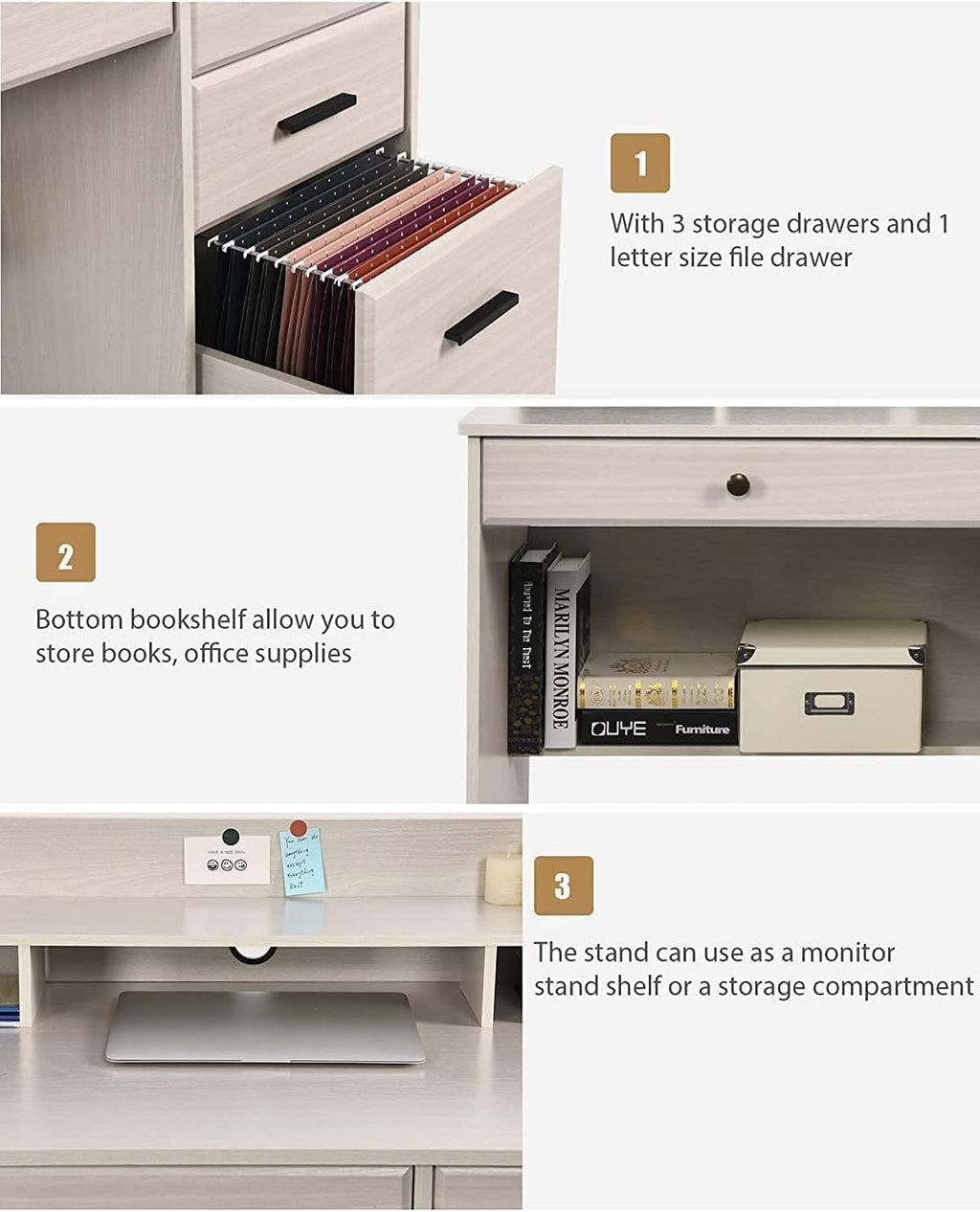 White Home Office Desk with 4 Drawers & Hutch, Computer Table for Bedroom, Off-White